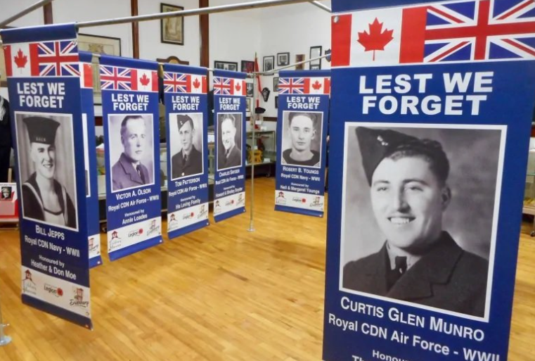 A sample of the banners honouring those Didsburians who served in World War I, World War II, Korea, or other armed conflicts.