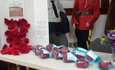 We put together kits folks could take home to knit or crochet as they help build our Poppy Waterfall in honour of those who served in the world wars.