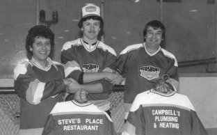 Record ID PIC1599254535. Hockey Team Sponsors. R-L Steve Chios, Cliff Murphy, Ross Campbell, Steve's Place Restaurant, Campbell's Plumbing and Heating.