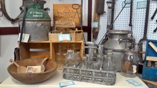 Here you will find items used for turn of the century and later farming and livestock care. See our Egg Grading Station, a wild oat separator, and tools like lumber saws and scythes.